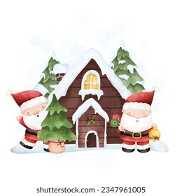 Watercolor illustration cute Santa Claus with wooden house and snow tree