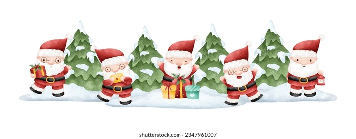 Watercolor illustration cute Santa Claus and snow tree banner