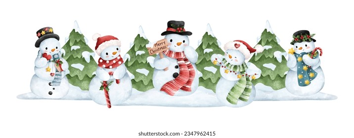 Watercolor illustration cute snowman and snow tree banner