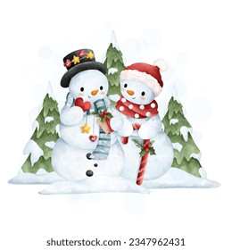 Watercolor illustration cute snowman and snow tree