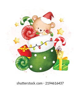 Watercolor Illustration Cute teddy bear in Christmas socks with Christmas gifts and candy