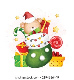 Watercolor Illustration Cute teddy bear in Christmas socks with Christmas gifts and candy