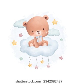 Watercolor illustration cute teddy bear on cloud with stars