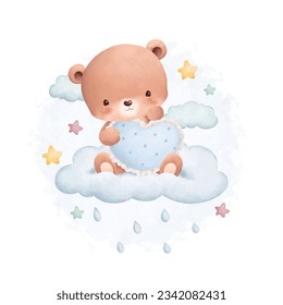 Watercolor illustration cute teddy bear on cloud with stars