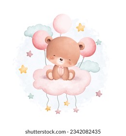 Watercolor illustration cute teddy bear on cloud with stars and balloons