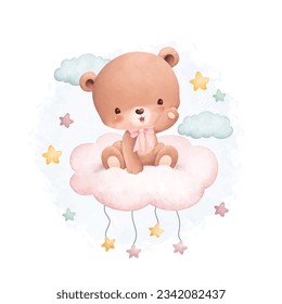 Ilustración de color de agua tierno oso de peluche en la nube con estrellas