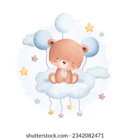 Watercolor illustration cute teddy bear on cloud with stars and balloons