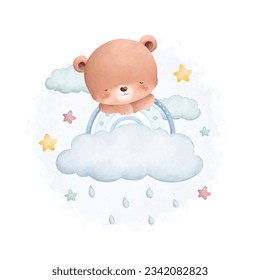 Watercolor illustration cute teddy bear on cloud with rainbow and stars