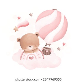 Watercolor illustration cute teddy bear sleeps on cloud with pink hot air balloon and stars