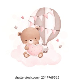 Watercolor illustration cute teddy bear sits on cloud with pink hot air balloon and stars