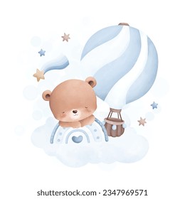 Watercolor illustration cute teddy bear sleeps on cloud with blue hot air balloon and stars