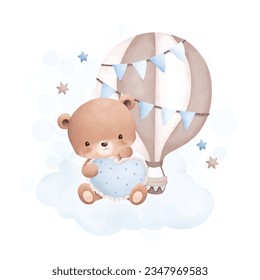 Watercolor illustration cute teddy bear sits on cloud with blue hot air balloon and stars