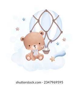 Watercolor illustration cute teddy bear sits on cloud with blue hot air balloon and stars