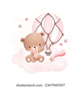 Watercolor illustration cute teddy bear sits on cloud with pink hot air balloon and stars