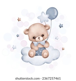 Watercolor Illustration cute teddy bear on the cloud