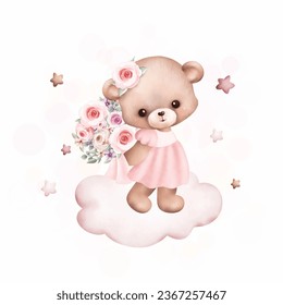 Watercolor Illustration cute teddy bear on the cloud