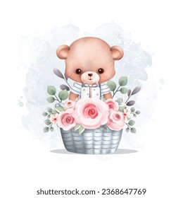 Watercolor Illustration cute teddy bear in basket with flower wreath