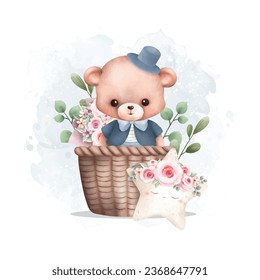 Watercolor Illustration cute teddy bear in basket with flower wreath