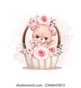 Watercolor Illustration cute teddy bear in basket with flower wreath