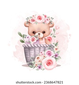 Watercolor Illustration cute teddy bear in basket with flower wreath