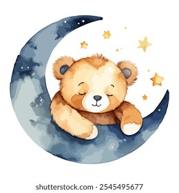 Watercolor illustration of a cute teddy bear sleeping on the moon surrounded by stars drawing by hand. Childish vector design isolated on white background. For poster, greeting card and baby design.