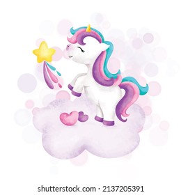 Watercolor Illustration Cute unicorn on the cloud 