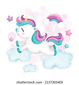 Watercolor Illustration Cute unicorn on the cloud 