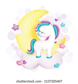 Watercolor Illustration Cute unicorn on the moon 