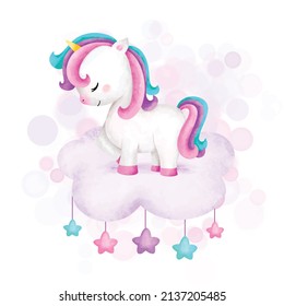 Watercolor Illustration Cute unicorn on the cloud 