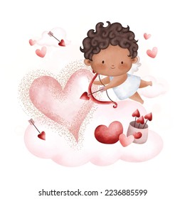 Watercolor Illustration. Cute valentine cupid. Great for card and greetings.