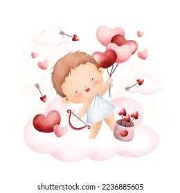 Watercolor Illustration. Cute valentine cupid. Great for card and greetings.