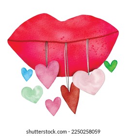 Watercolor illustration of cute valentine objects ,cute item vector design, lips and heart