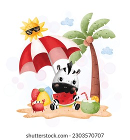 Watercolor illustration cute zebra eats watermelon at the summer beach