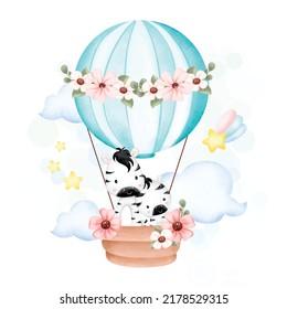 Watercolor Illustration cute zebra in hot air balloon