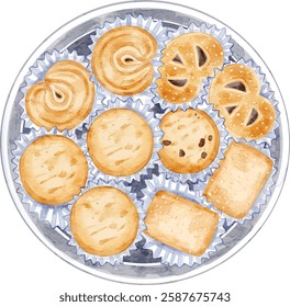 Watercolor illustration of Danish monde butter cookies for label, cooking books or eid fitr assets. Aesthetic vector illustration