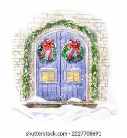 Ilustración acuarela de la puerta decorada. Tema de Navidad. Ilustración dibujada a mano aislada en el fondo blanco