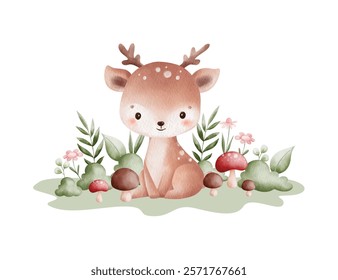 Watercolor Illustration Deer and Nature Elements