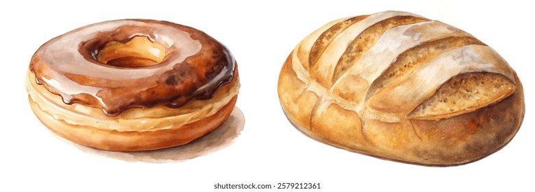 Watercolor illustration, delicious donut, fresh bread loaf, bakery items, food art, culinary design.