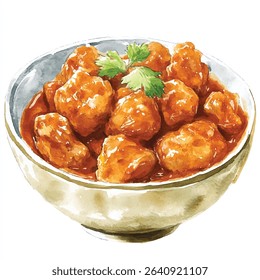 A watercolor illustration depicts a bowl of sweet and sour chicken, garnished with fresh parsley. The food is presented in a ceramic bowl.