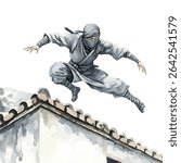 A watercolor illustration depicts a ninja in mid-air, leaping over a rooftop. The ninja is dressed in grey attire, with a mask covering the face.