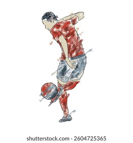 A watercolor illustration depicts a soccer player in action, showcasing a dynamic pose. The player, wearing a red jersey and blue shorts