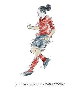 A watercolor illustration depicts a soccer player in action, showcasing a dynamic pose. The player, wearing a red jersey and blue shorts
