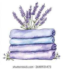 A watercolor illustration depicts a stack of folded towels in shades of purple and blue, with lavender sprigs emerging from the top.