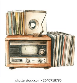 A watercolor illustration depicts a vintage radio with a record player and stacks of vinyl records. The artwork has a warm, nostalgic feel.
