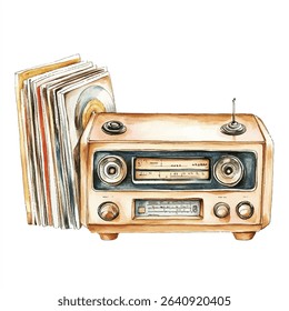 A watercolor illustration depicts a vintage radio with a stack of vinyl records leaning against it. The radio is detailed.
