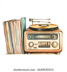 A watercolor illustration depicts a vintage record player with a stack of vinyl records, evoking nostalgia.
