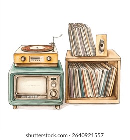 A watercolor illustration depicts a vintage turntable atop a retro television, alongside a shelf filled with vinyl records.