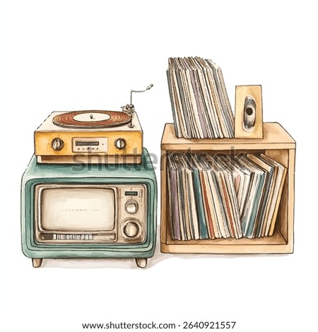 A watercolor illustration depicts a vintage turntable atop a retro television, alongside a shelf filled with vinyl records.