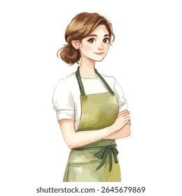 Uma ilustração em aquarela retrata uma jovem mulher com cabelo marrom, vestindo uma camisa branca e um avental verde sábio, braços cruzados.