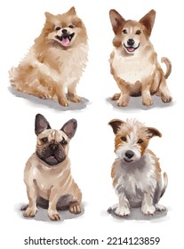 Watercolor illustration with different breeds of dogs - pomeranian, welsh corgi, french bulldog, russell terrier 